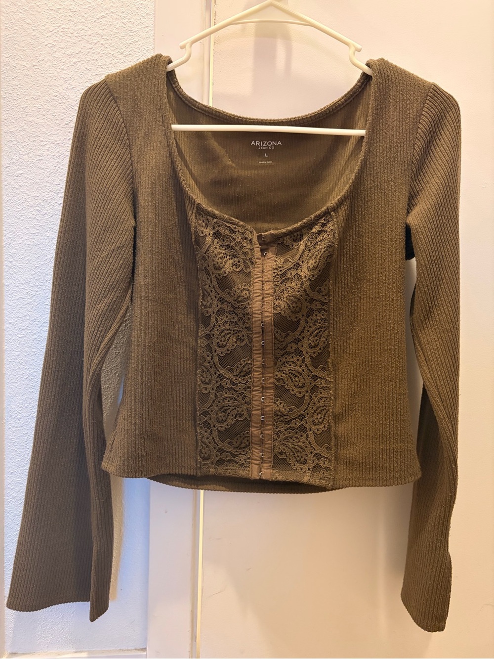 Arizona Jean Company Olive Lace-Panel Long Sleeve Scoop Top